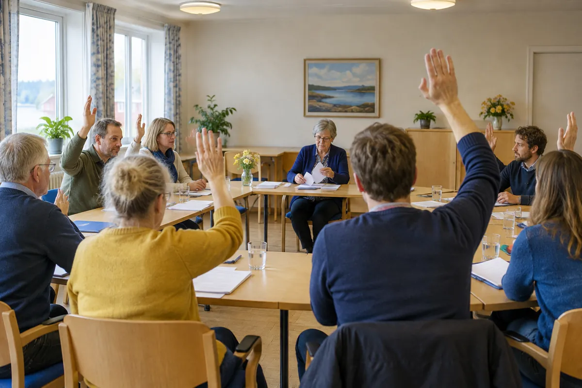 Medlemmar räcker upp handen för att rösta på ett årsmöte medan ordföranden räknar