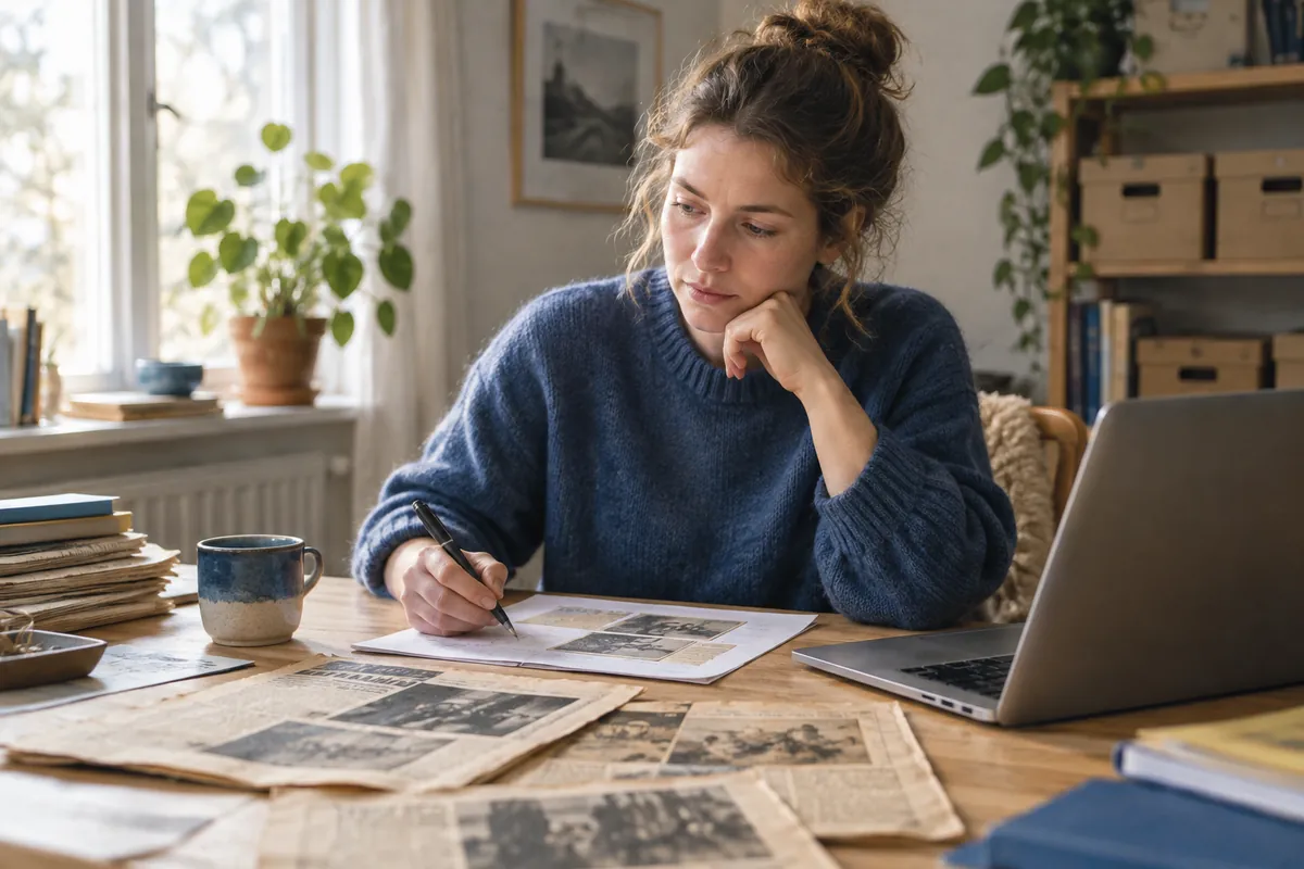 En redaktör jämför gamla tidningsurklipp med anteckningar vid ett skrivbord i morgonljus