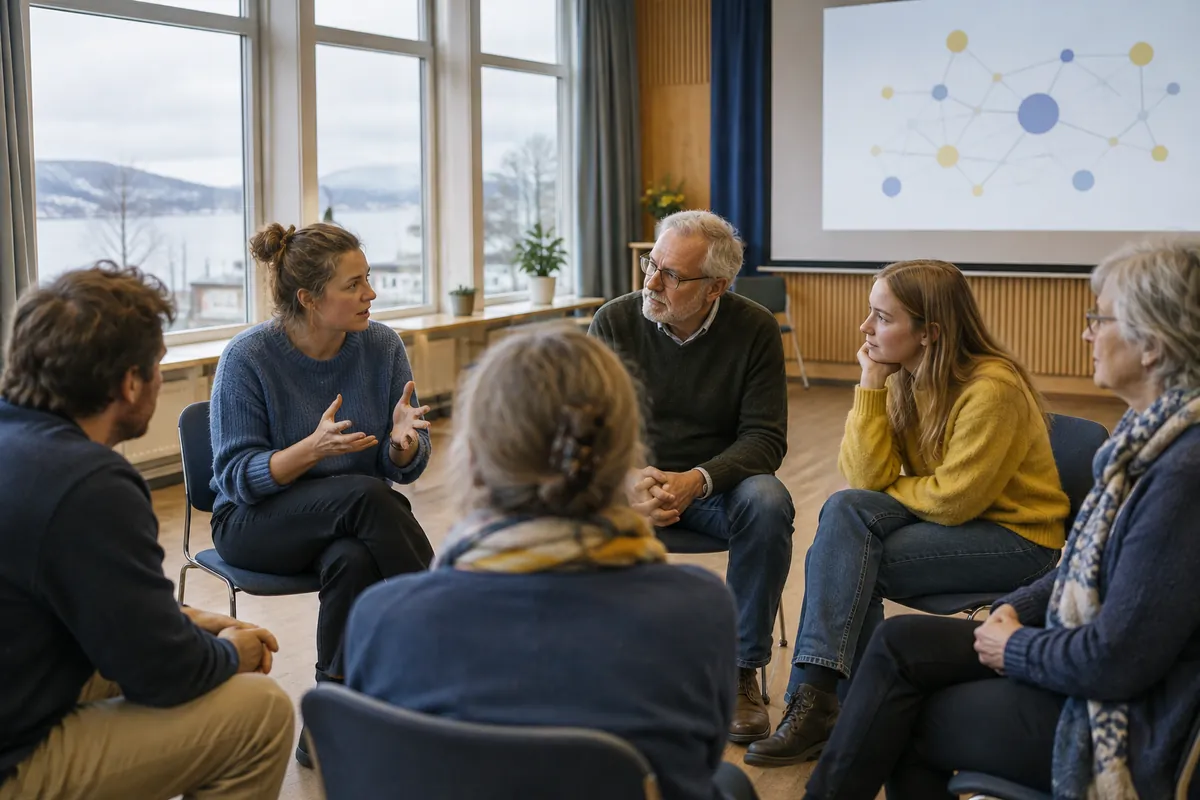 En grupp människor i olika åldrar samtalar engagerat i en samlingslokal