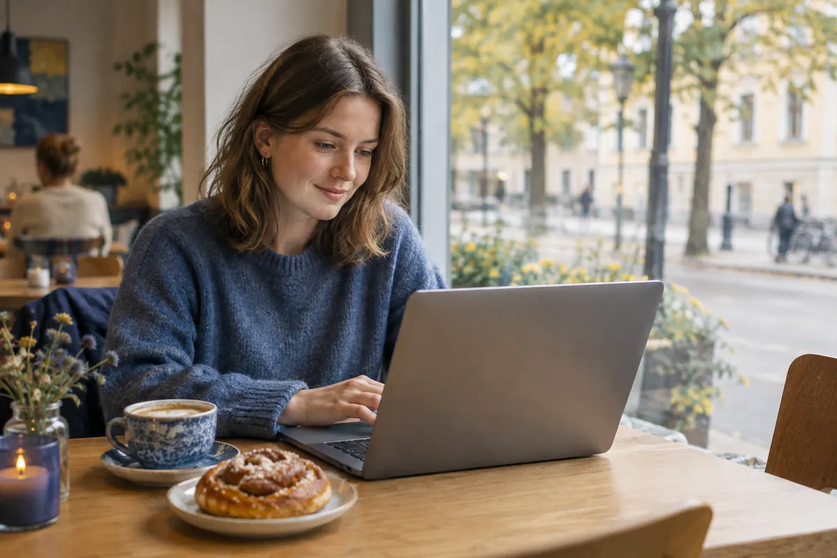 En person skriver ett meddelande på sin dator vid ett fönsterbord på ett kafé