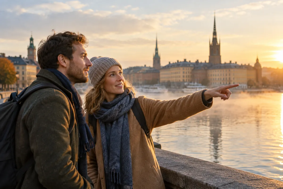 Två besökare vid vattnet i centrala Stockholm en tidig morgon