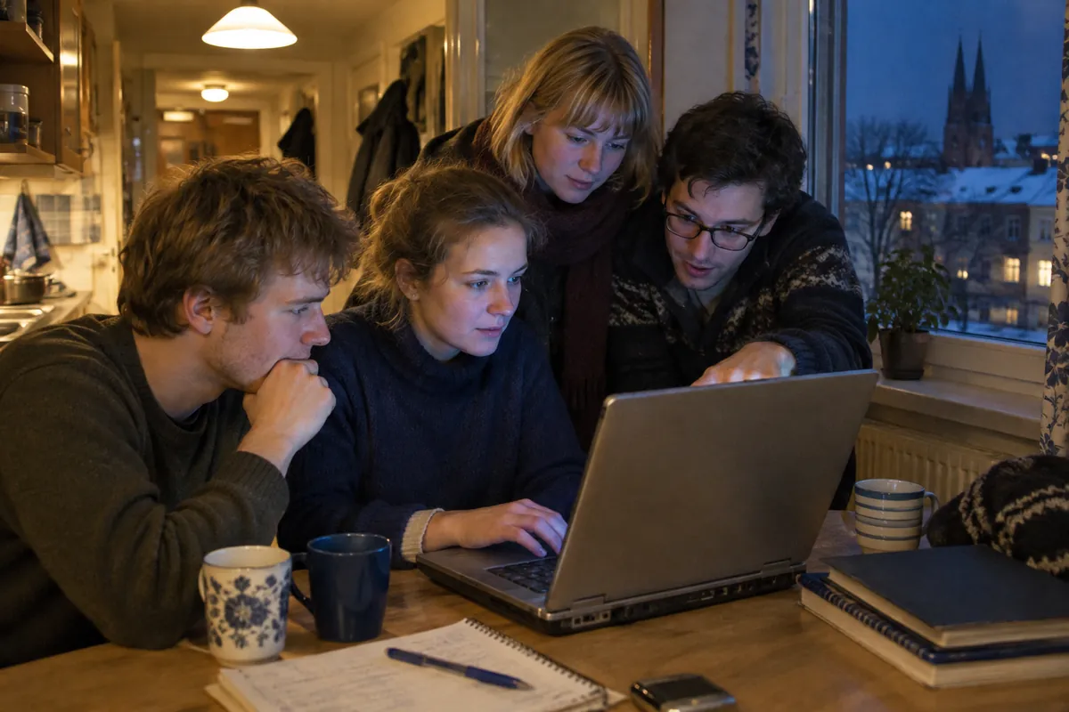 Studenter samlade kring en bärbar dator i ett korridorskök i Uppsala en vinterkväll